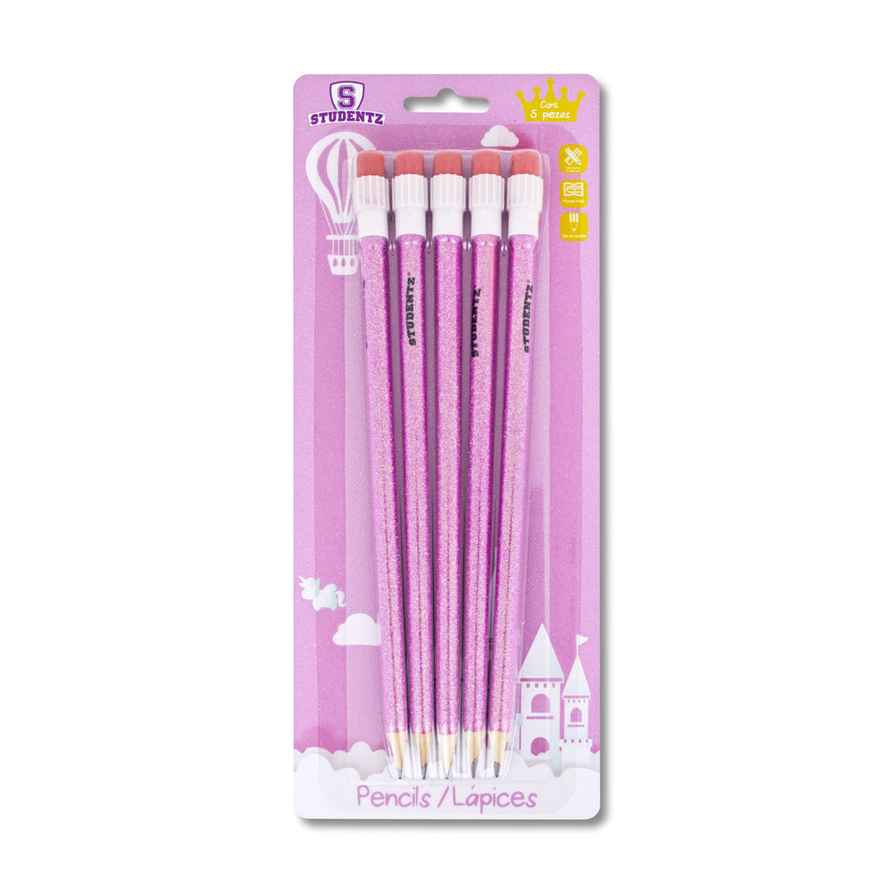 Paquete Lápices Diseño Glitter Princesa Rosa 5 pz.