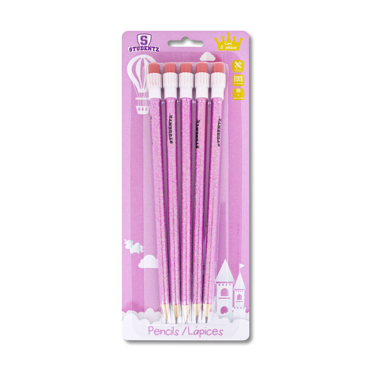 Paquete Lápices Diseño Glitter Princesa Rosa 5 pz.