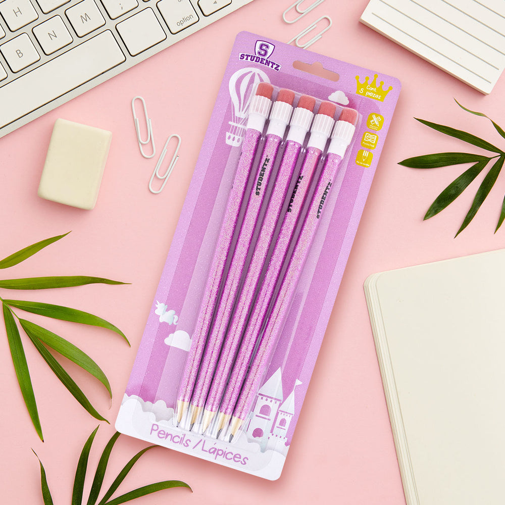 Paquete Lápices Diseño Glitter Princesa Rosa 5 pz.