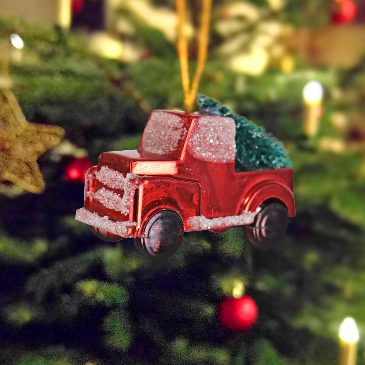 Ornamento, Mini Camioneta con Árbol, Color Rojo