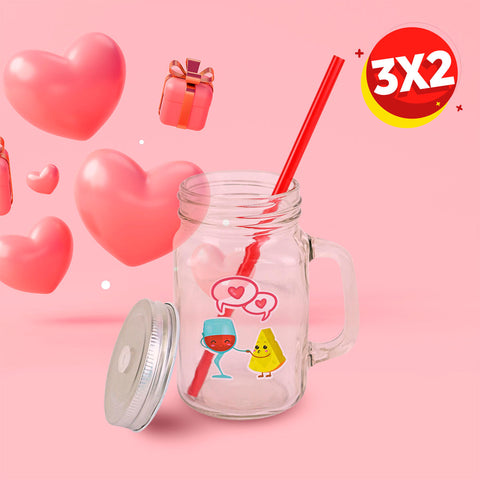 3X2 Tarro de Vidrio Mason Jar Decorado de San Valentín con Tapa y Popote