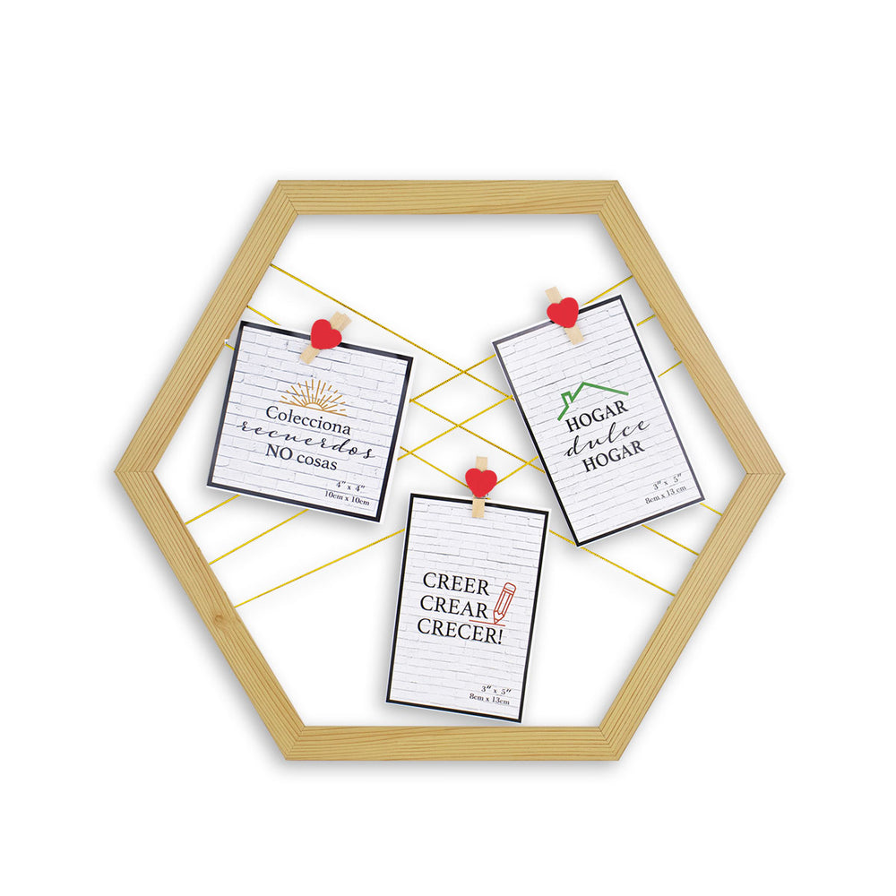 Portarretrato de Tendedero Hexagonal Familiar Marco Madera 3 Fotografías 40x40cm