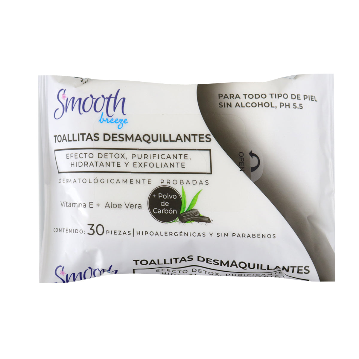 30 Toallitas Desmaquillantes con Polvo de Carbón, Smooth Breeze
