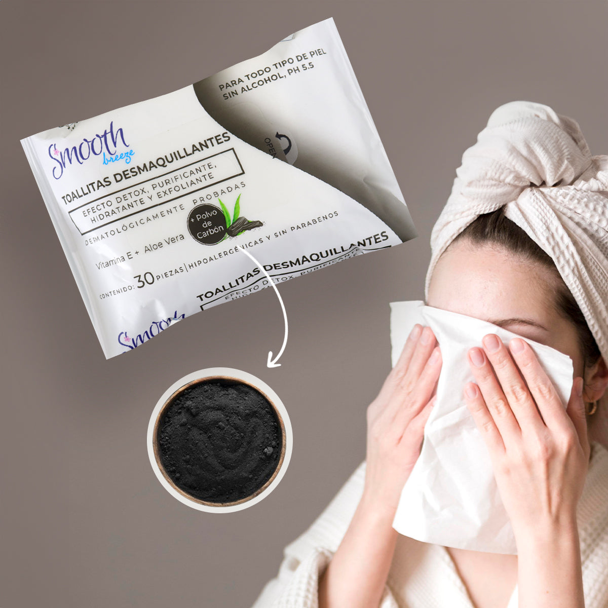 30 Toallitas Desmaquillantes con Polvo de Carbón, Smooth Breeze