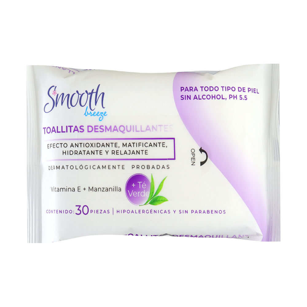 30 Toallitas Desmaquillantes con Té Verde, Smooth Breeze