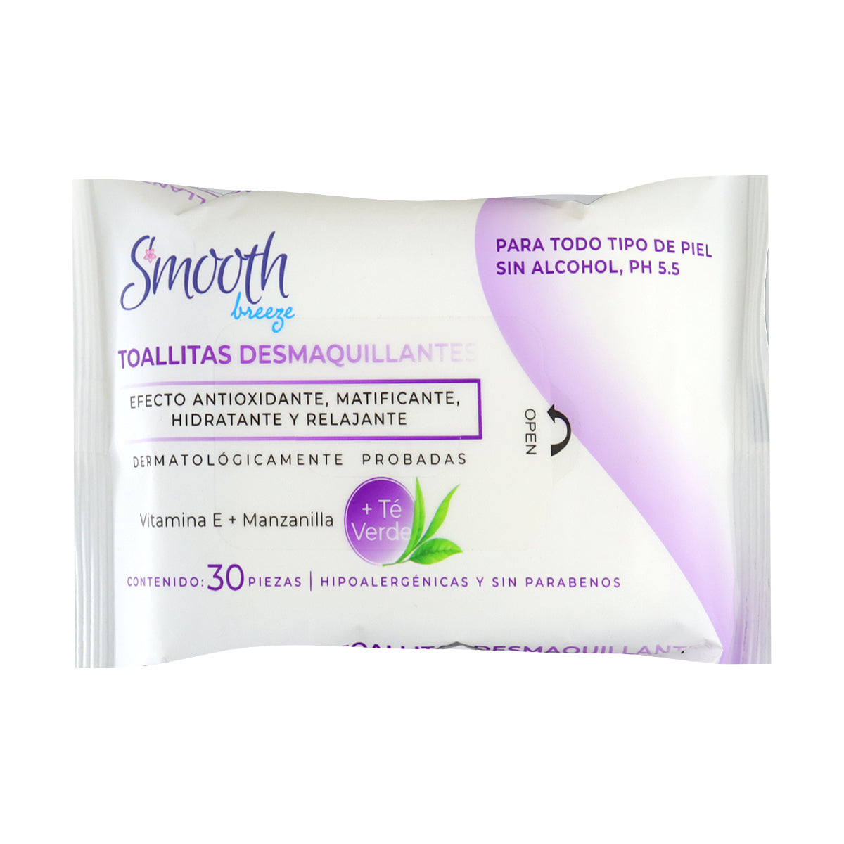 30 Toallitas Desmaquillantes con Té Verde, Smooth Breeze