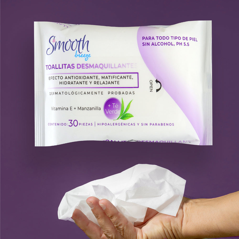 30 Toallitas Desmaquillantes con Té Verde, Smooth Breeze