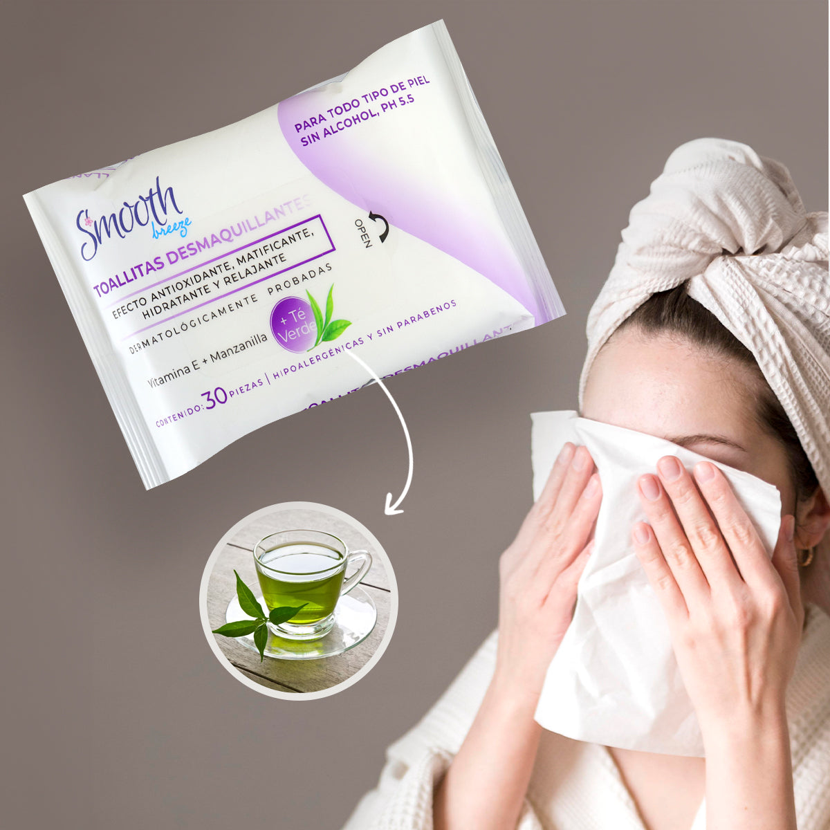 30 Toallitas Desmaquillantes con Té Verde, Smooth Breeze