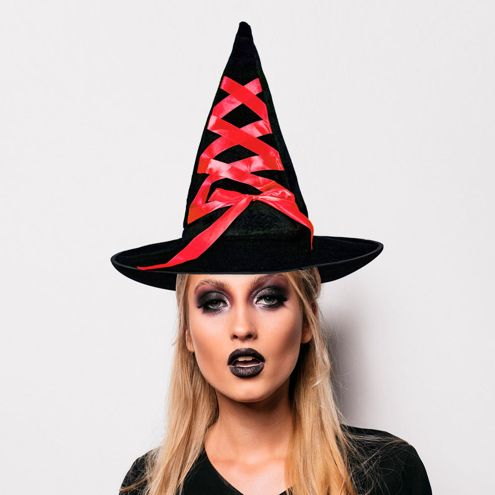 Sombrero para Disfraz de Bruja con Listón color Rojo
