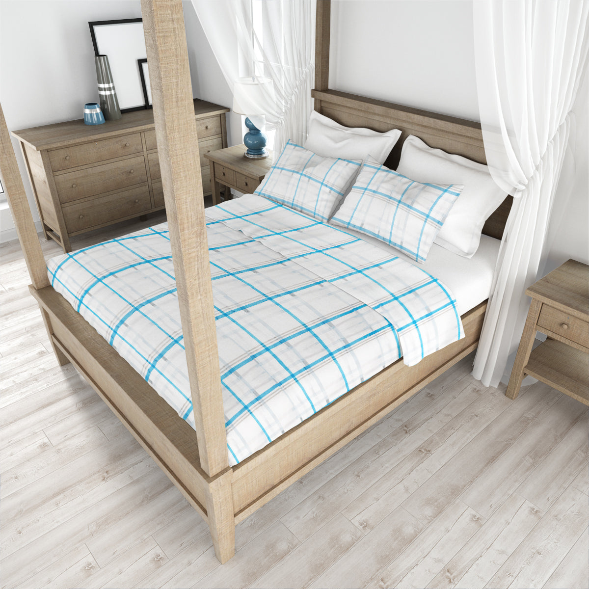 Juego de Sábanas Matrimoniales, Diseño Líneas, Color Azul