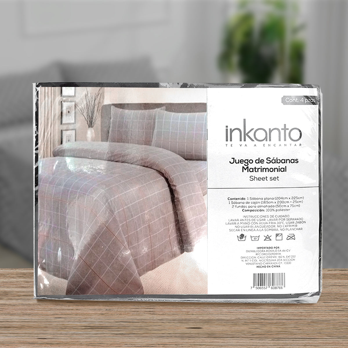 Juego de Sábanas Matrimoniales, Diseño Cuadros, Color Gris