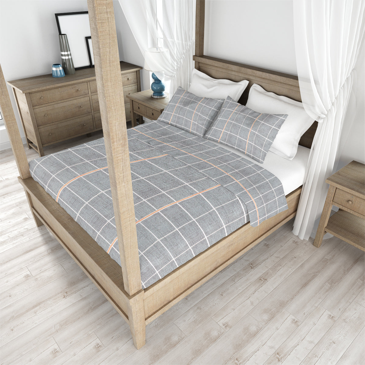 Juego de Sábanas Matrimoniales, Diseño Cuadros, Color Gris