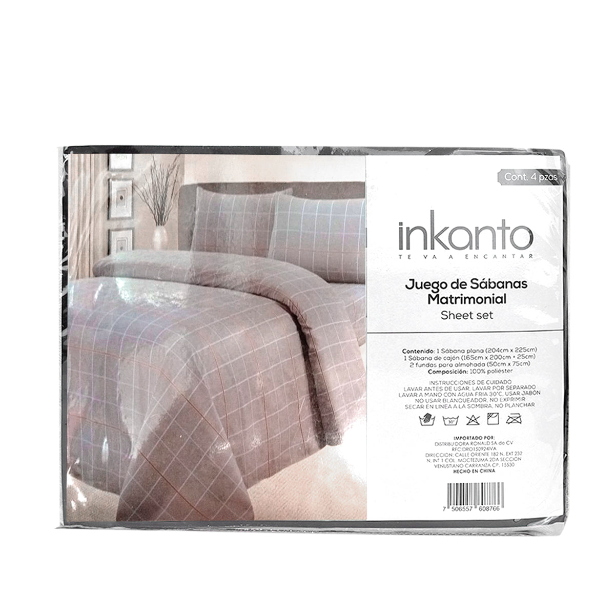 Juego de Sábanas Matrimoniales, Diseño Cuadros, Color Gris