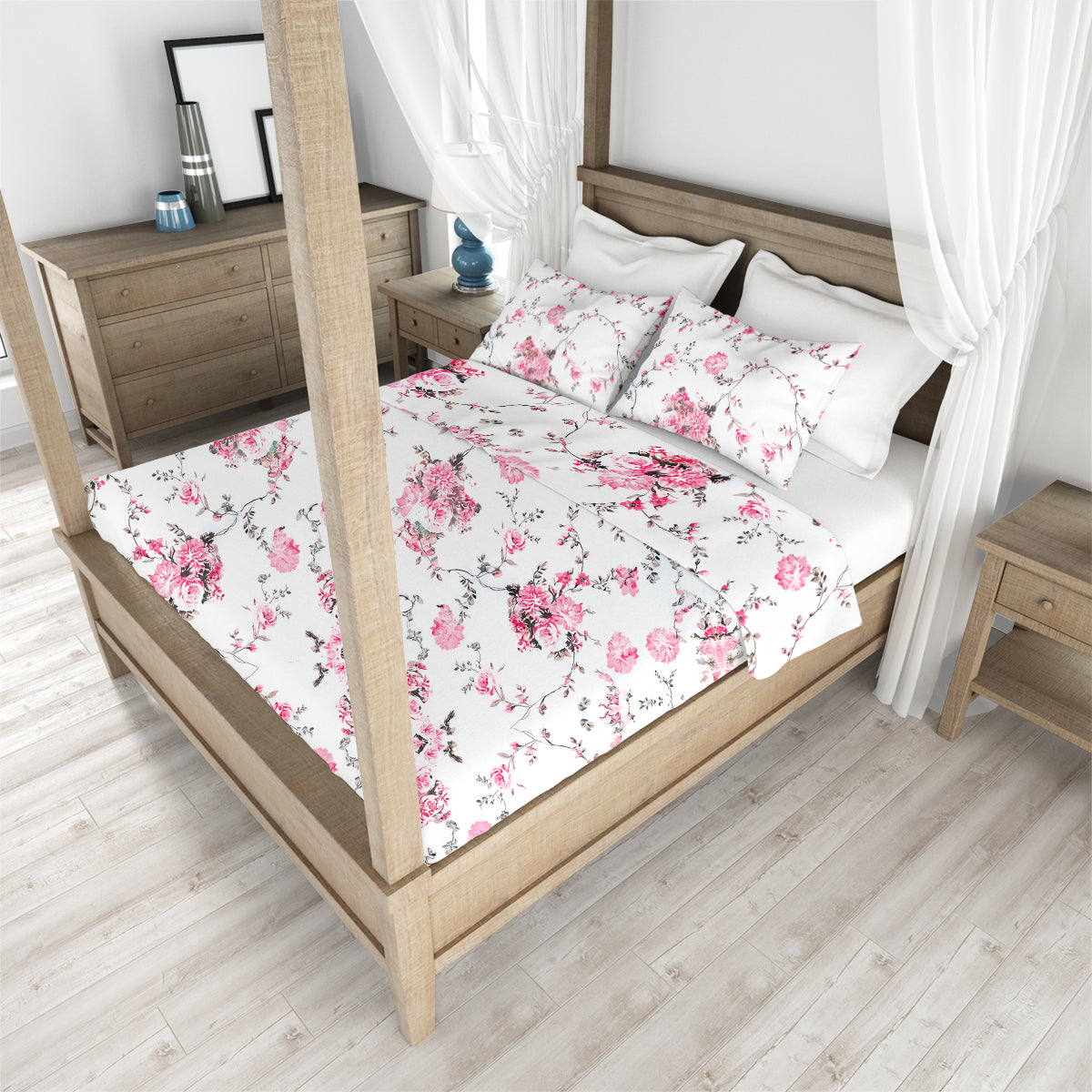 Juego de Sábanas Matrimoniales, Diseño Flor, Fondo Blanco