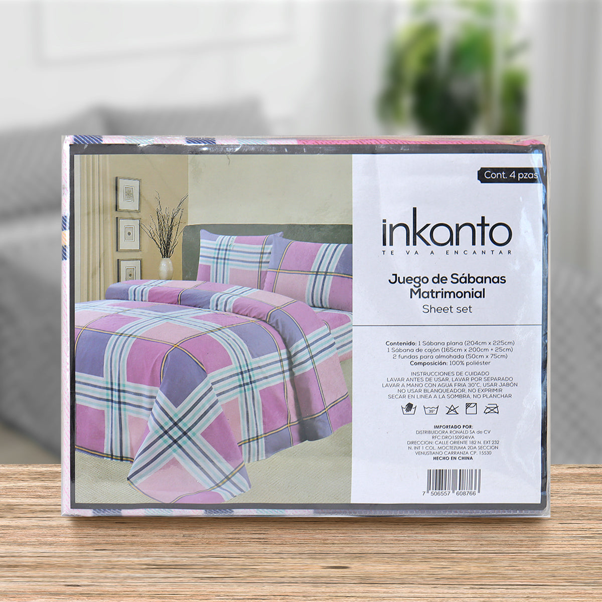 Juego de Sábanas Individual, Diseño Cuadros, Color Morado