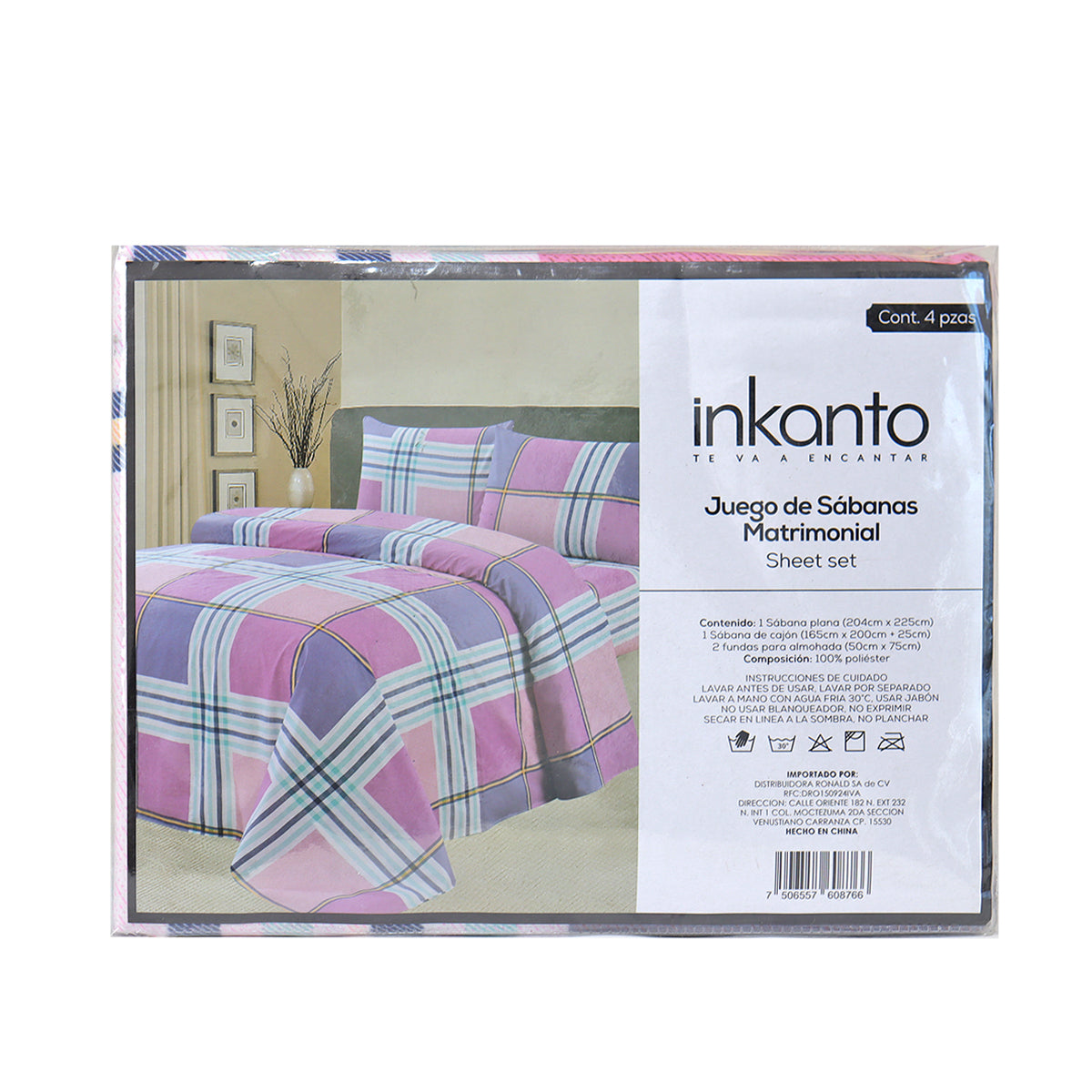 Juego de Sábanas Individual, Diseño Cuadros, Color Morado