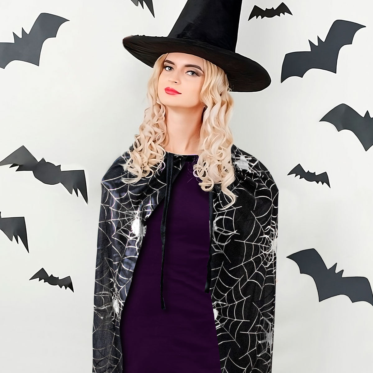 Capa color Negro con Telarañas Plateadas para Disfraz de Halloween