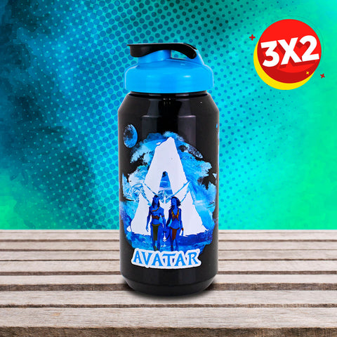 3X2 Botella de Plástico para Agua con Diseño Avatar color Negro con Azul 600ml.
