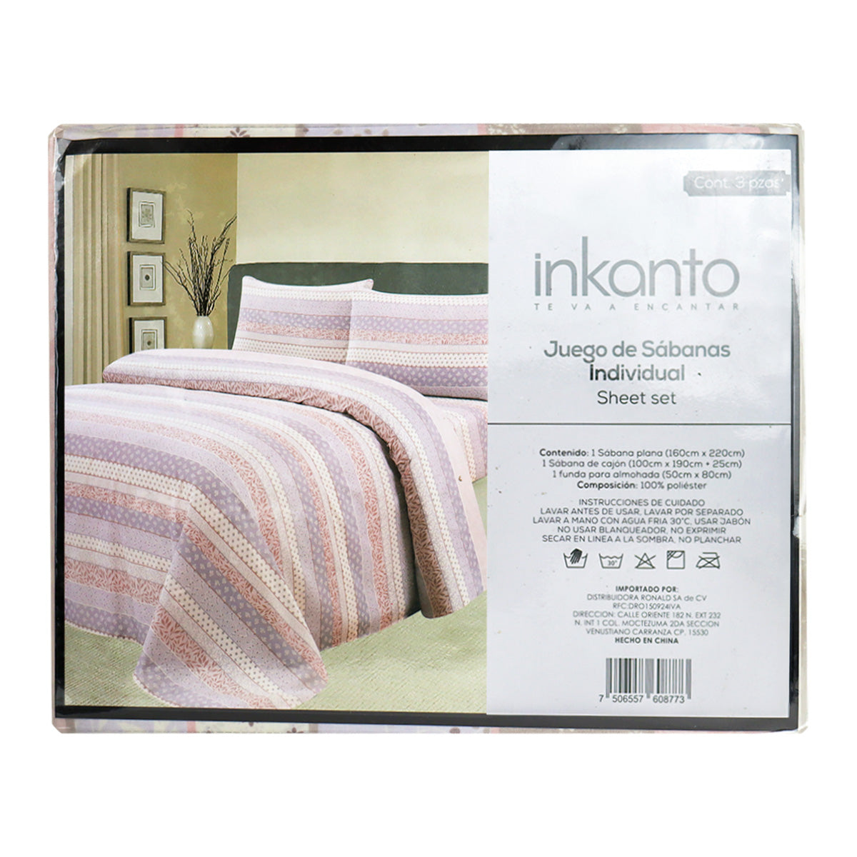 Juego de Sábanas Individual con Diseño Franjas, Color Lila con Gris