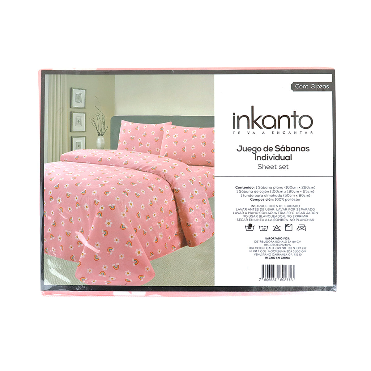 Juego de Sábanas Individual con Diseño de Arcoíris y Flores, Color Rosa