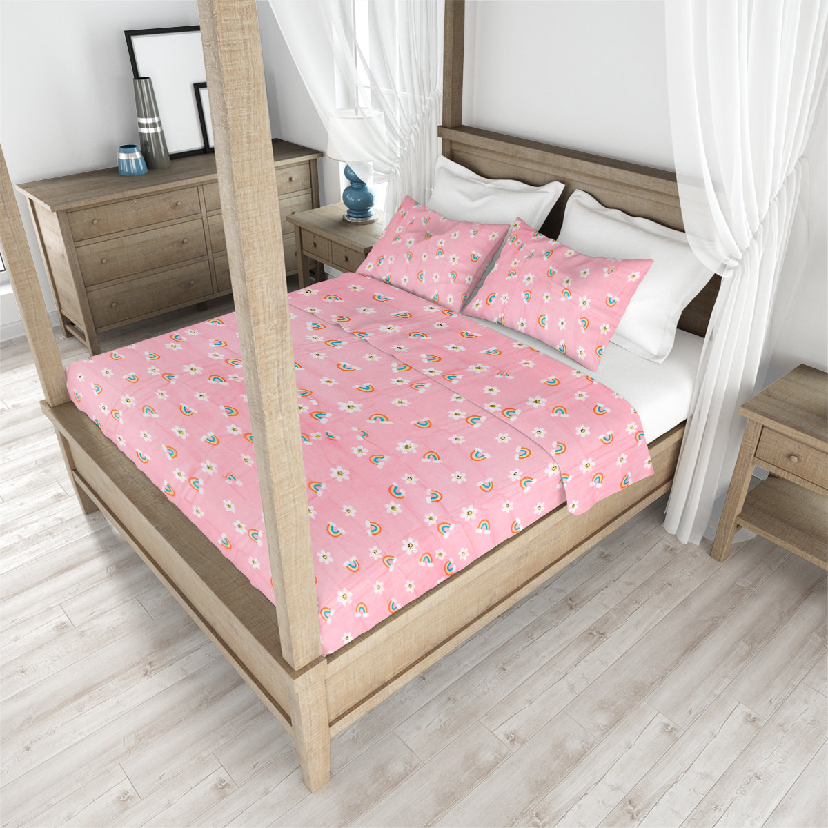 Juego de Sábanas Individual con Diseño de Arcoíris y Flores, Color Rosa