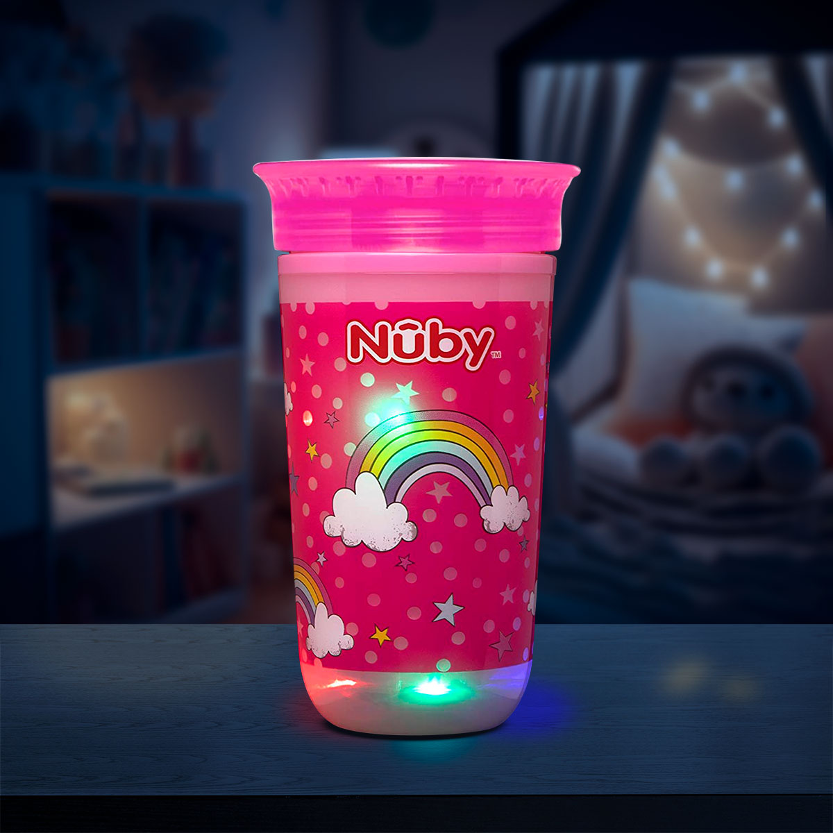 Vaso Entrenador Antiderrames Nuby 360° Luminoso color Rosa 10oz.