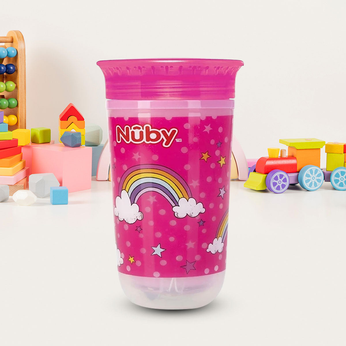 Vaso Entrenador Antiderrames Nuby 360° Luminoso color Rosa 10oz.