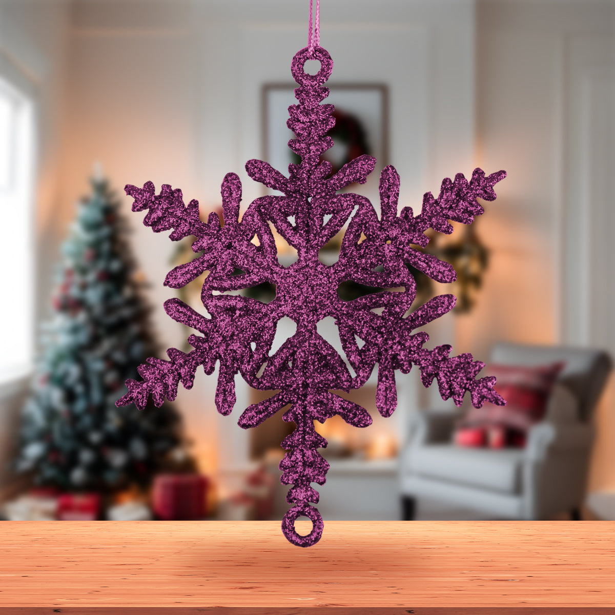 Copo de Nieve Decorativo con Diamantina Color Rosa, 5 pzas.