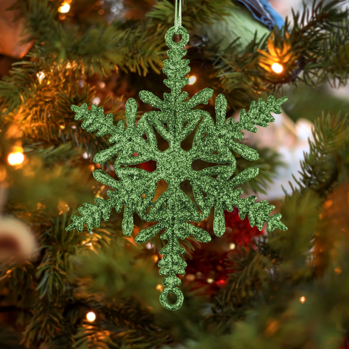 Copo de Nieve Decorativo con Diamantina Color Verde, 5 pzas.