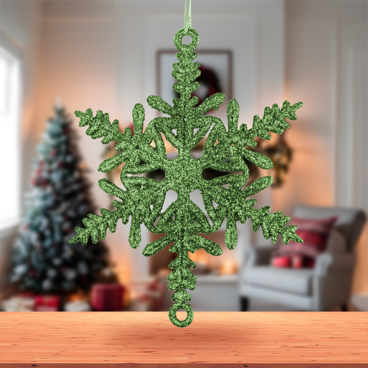 Copo de Nieve Decorativo con Diamantina Color Verde, 5 pzas.