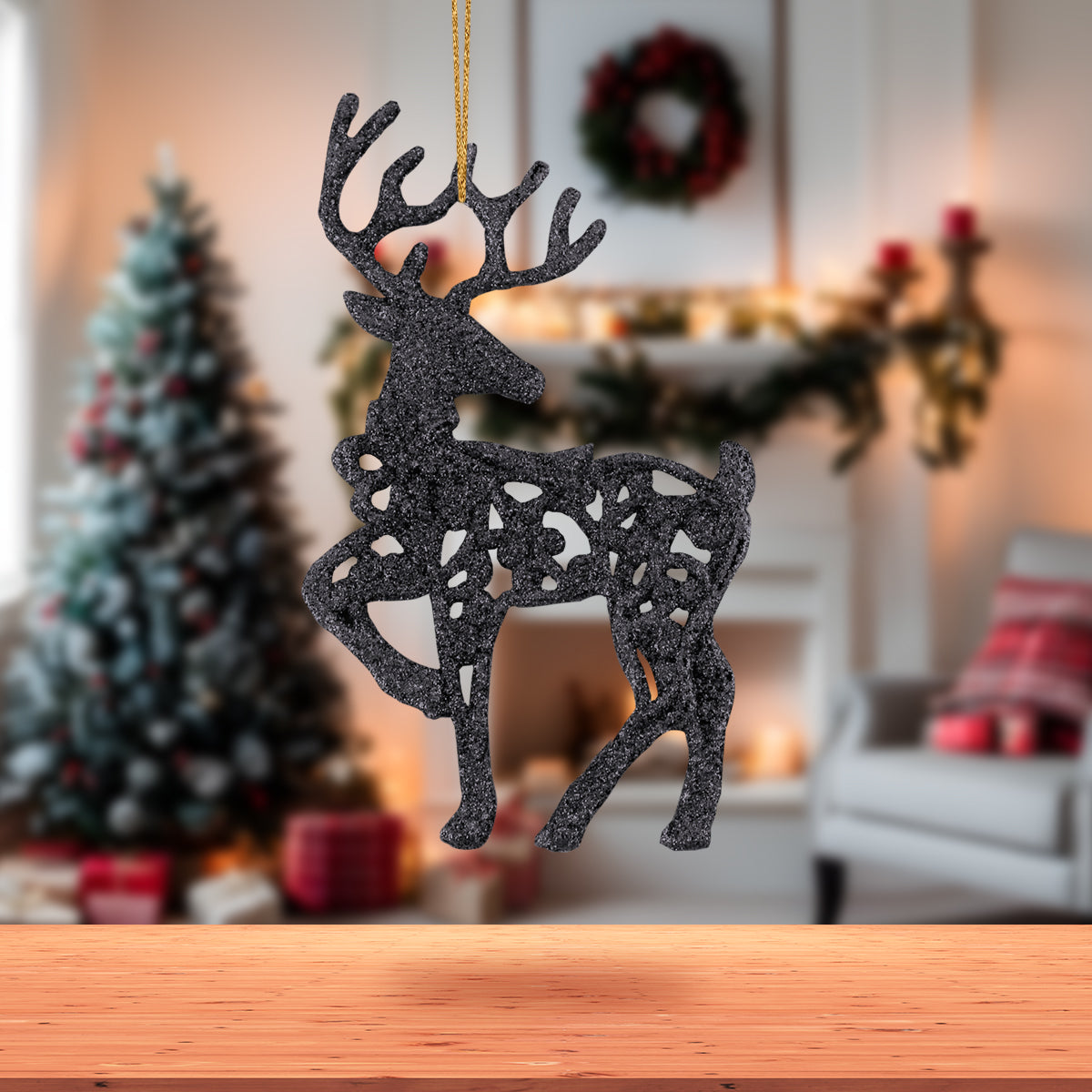 Decoración Colgante de Reno Navideño con Diamantina color Negro
