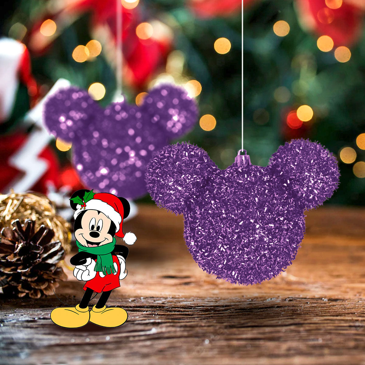 Esfera Navideña de Tinsel color Morado en Forma de Mickey Mouse