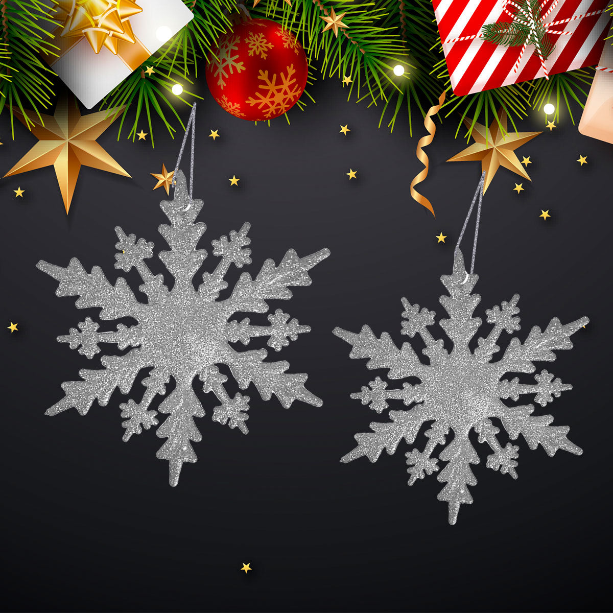 Copos de Nieve color Plata, 2 piezas.