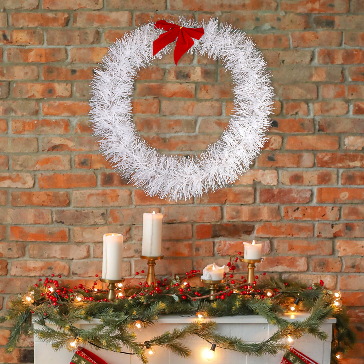 Corona Navideña con Moño, color Blanco