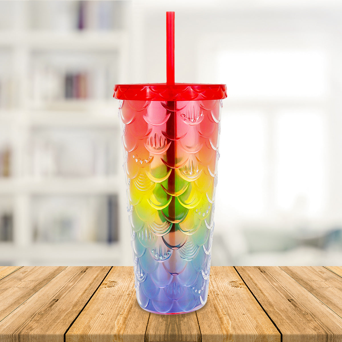 Vaso Decorado color Arcoíris con Popote, 650ml