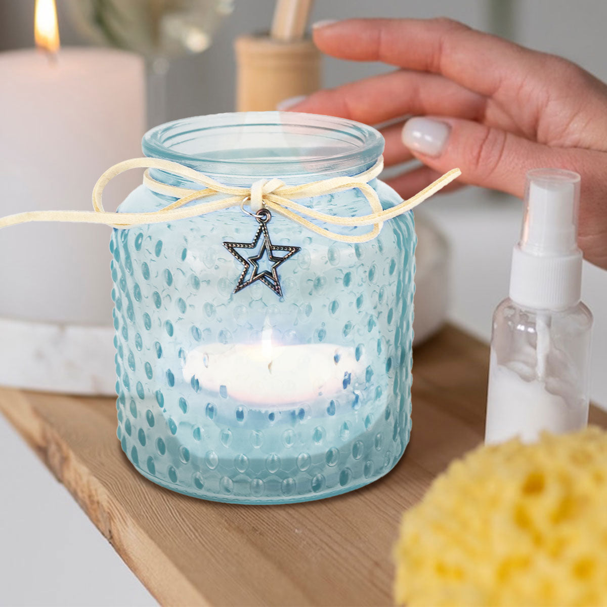 Portavela Cilíndrico de Cristal color Aqua