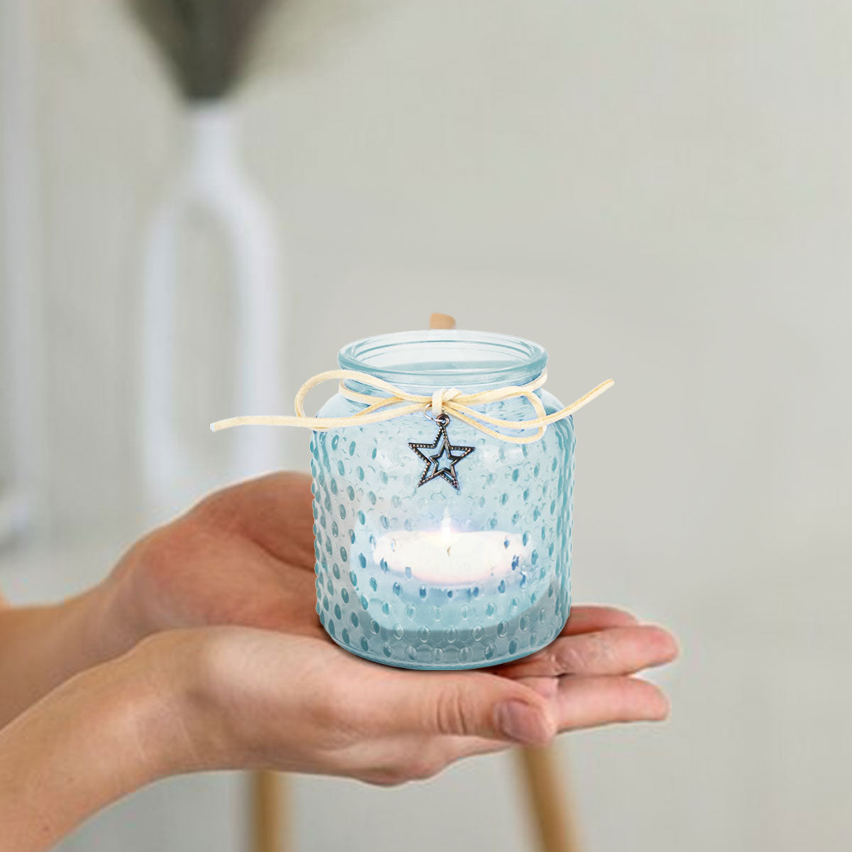 Portavela Cilíndrico de Cristal color Aqua