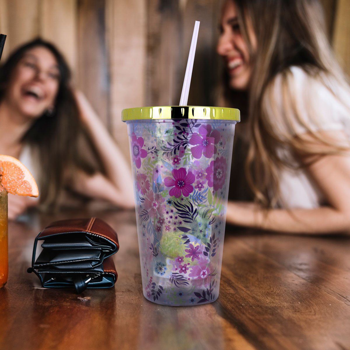 Vaso de Plástico con Tapa, Diseño de Flores