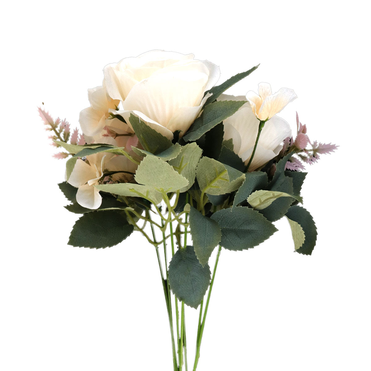 Ramo de Flores Artificiales color Blanco con Follaje, 45cm