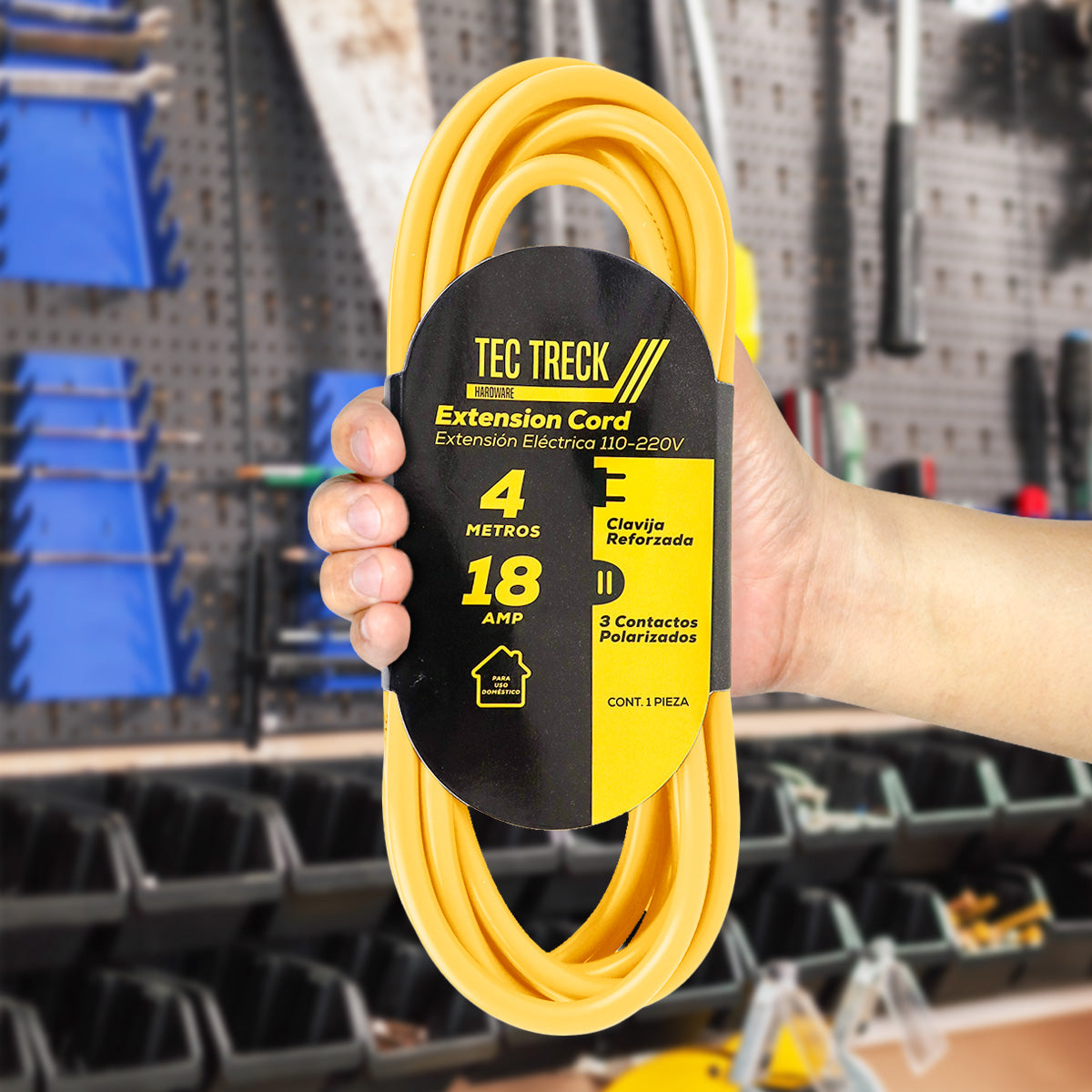 Extensión Eléctrica con 3 Contactos Polarizados, 4 metros, color Amarillo