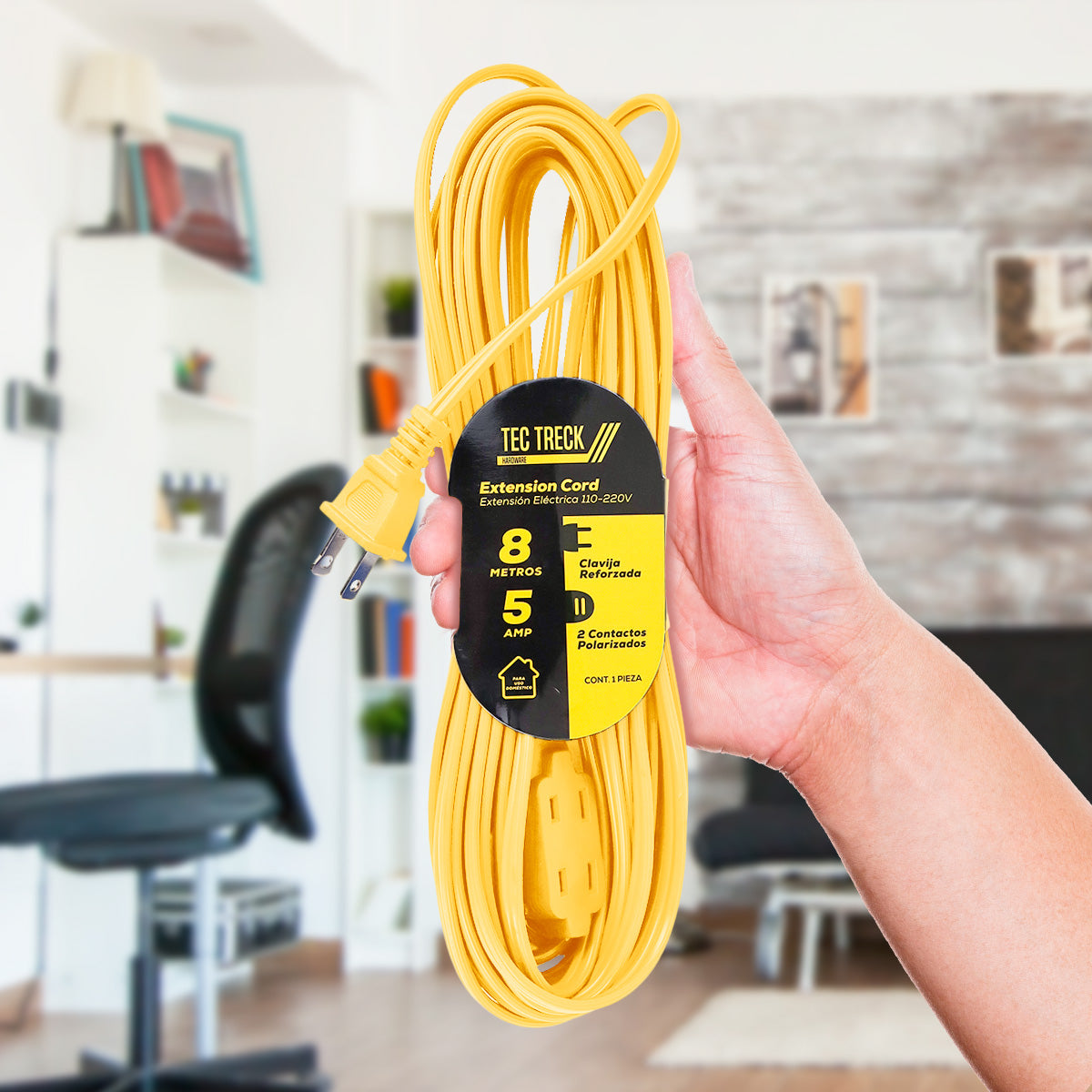 Extensión Eléctrica con 2 Contactos Polarizados, color Amarillo