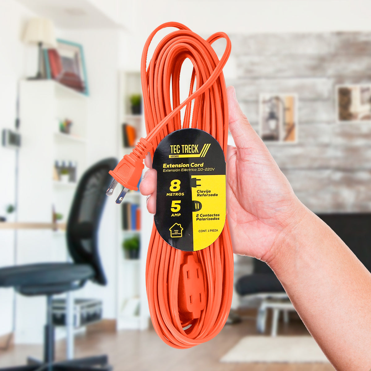 Extensión Eléctrica con 2 Contactos Polarizados, color Naranja