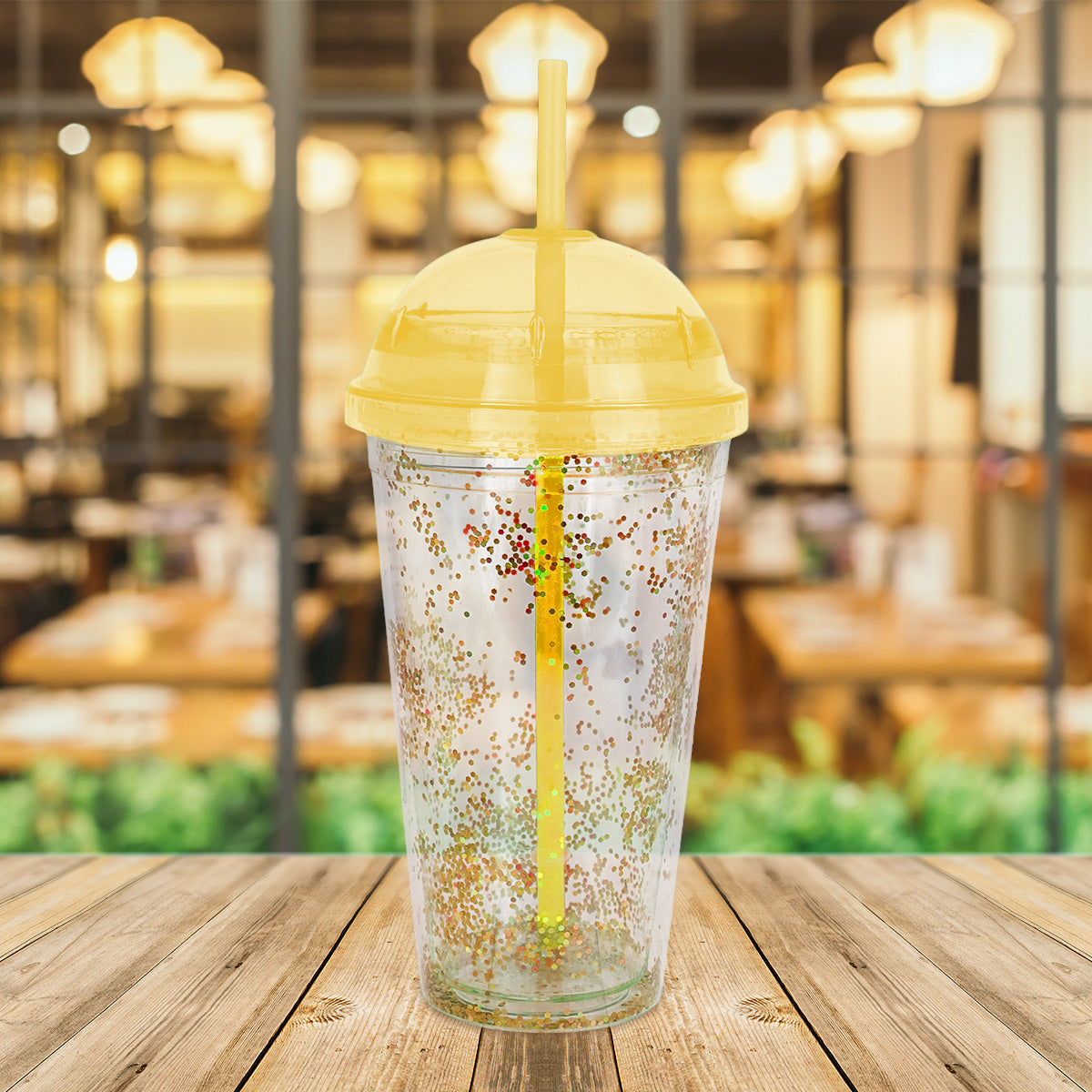 Vaso Decorado color Amarillo con Popote, 500ml