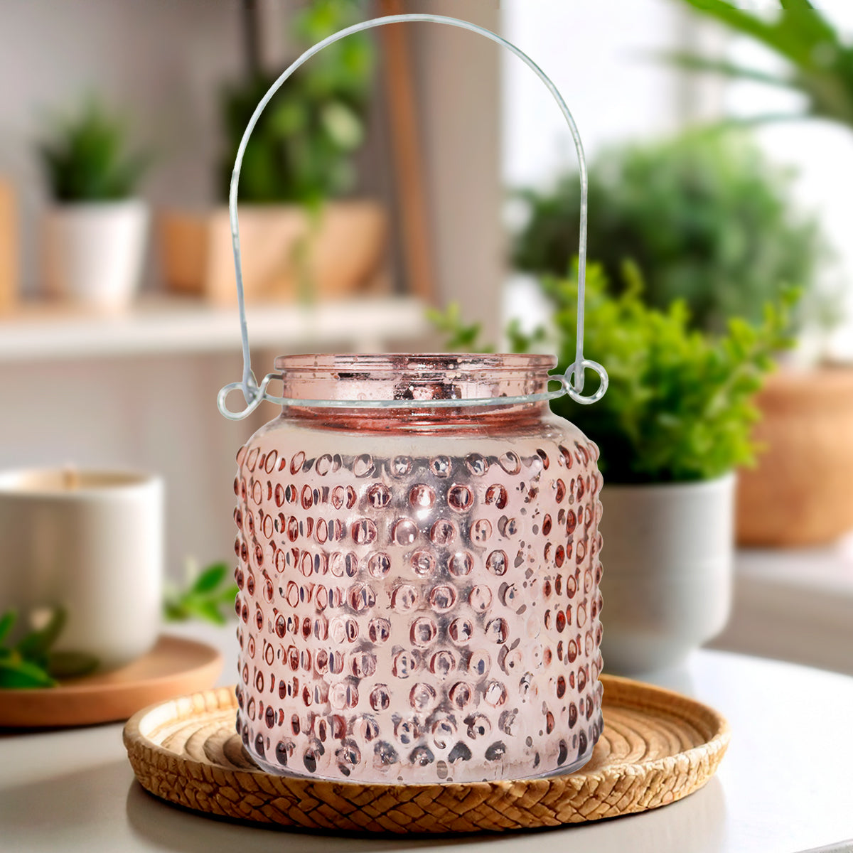 Portavelas de Cristal con Asa, Color Cobre