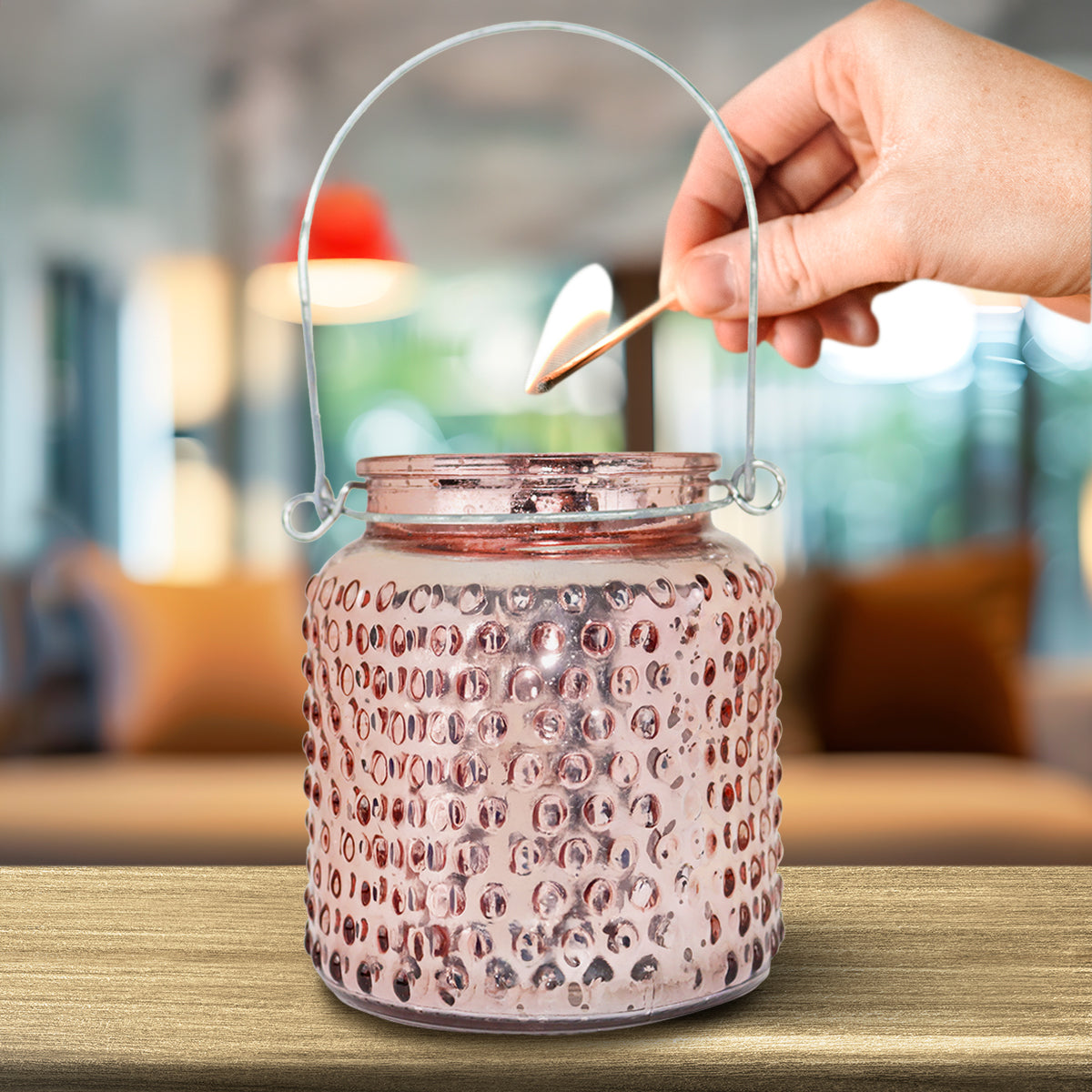 Portavelas de Cristal con Asa, Color Cobre