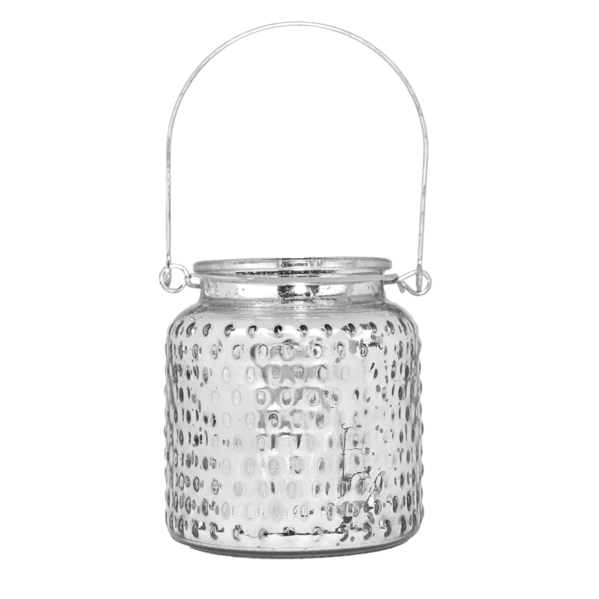 Portavelas de Cristal con Asa, Color Plata