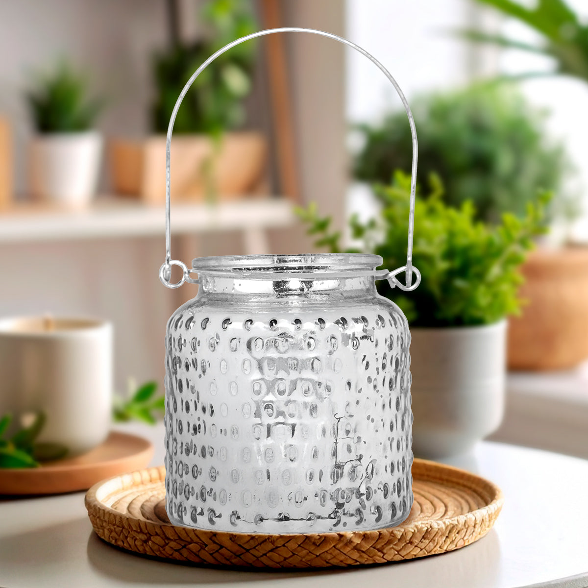 Portavelas de Cristal con Asa, Color Plata