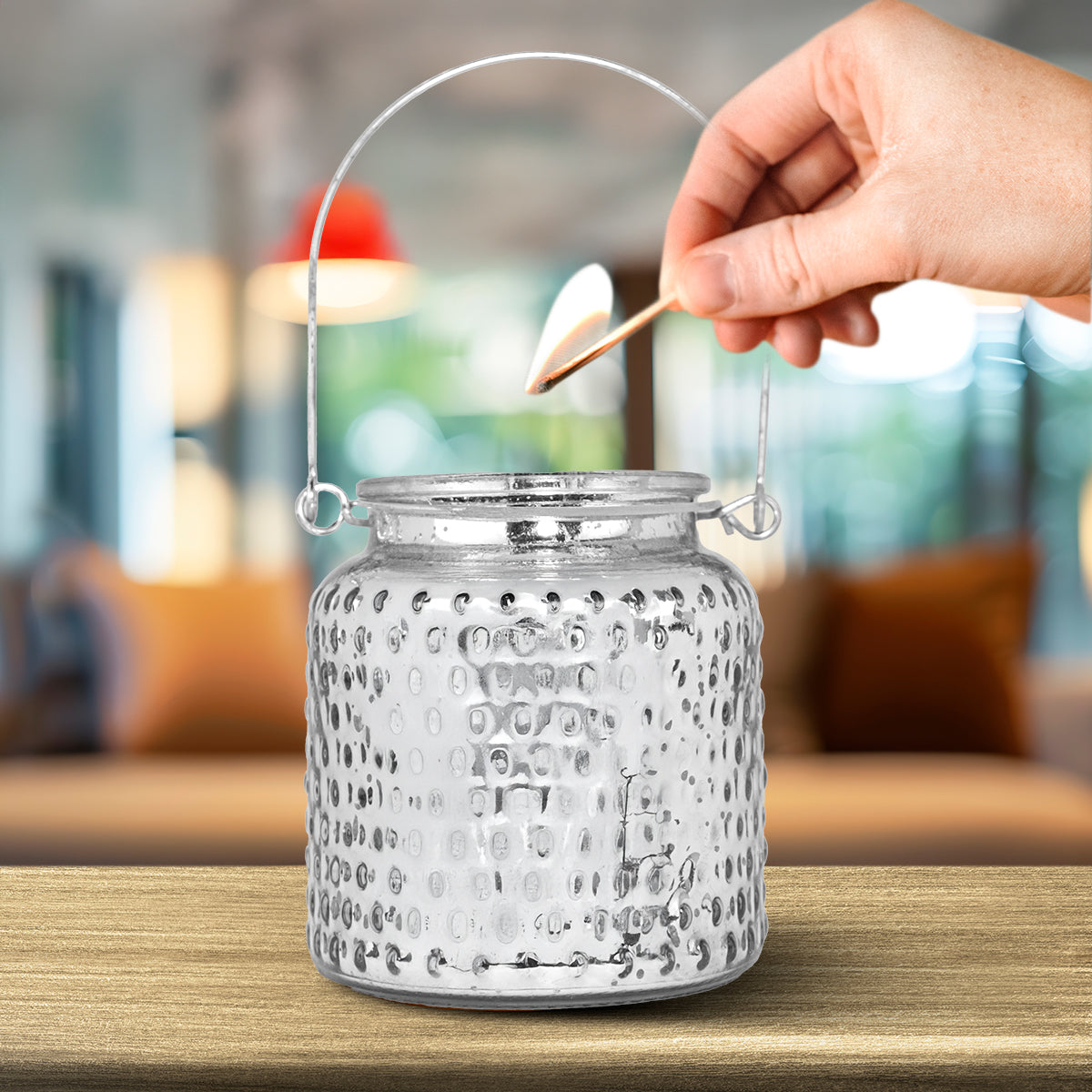 Portavelas de Cristal con Asa, Color Plata