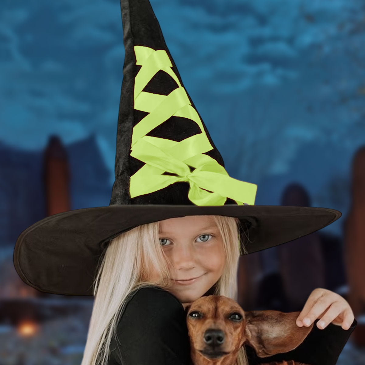 Sombrero de Bruja Negro Decorado con Listón Verde