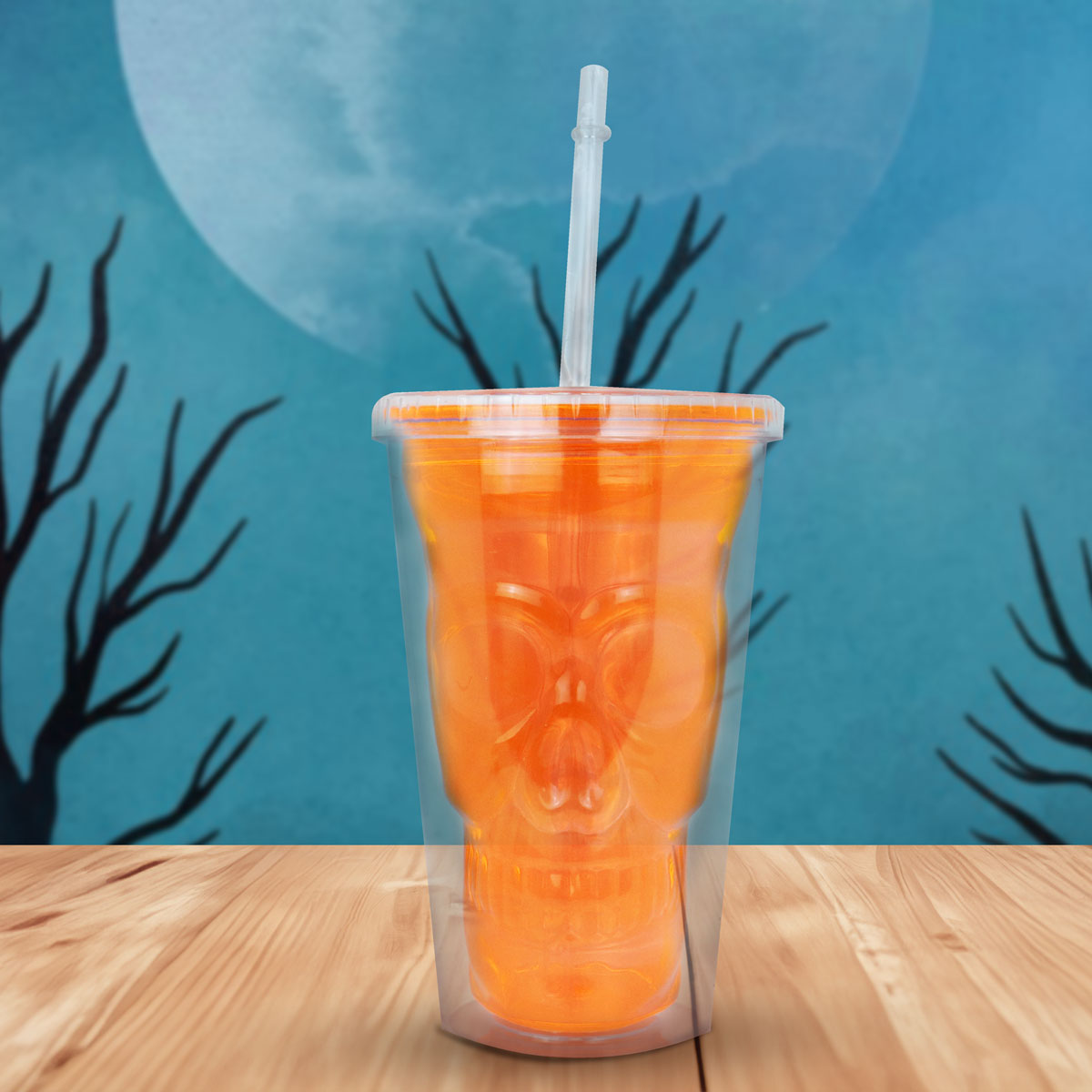Vaso de Plástico con Tapa y Popote, color Naranja